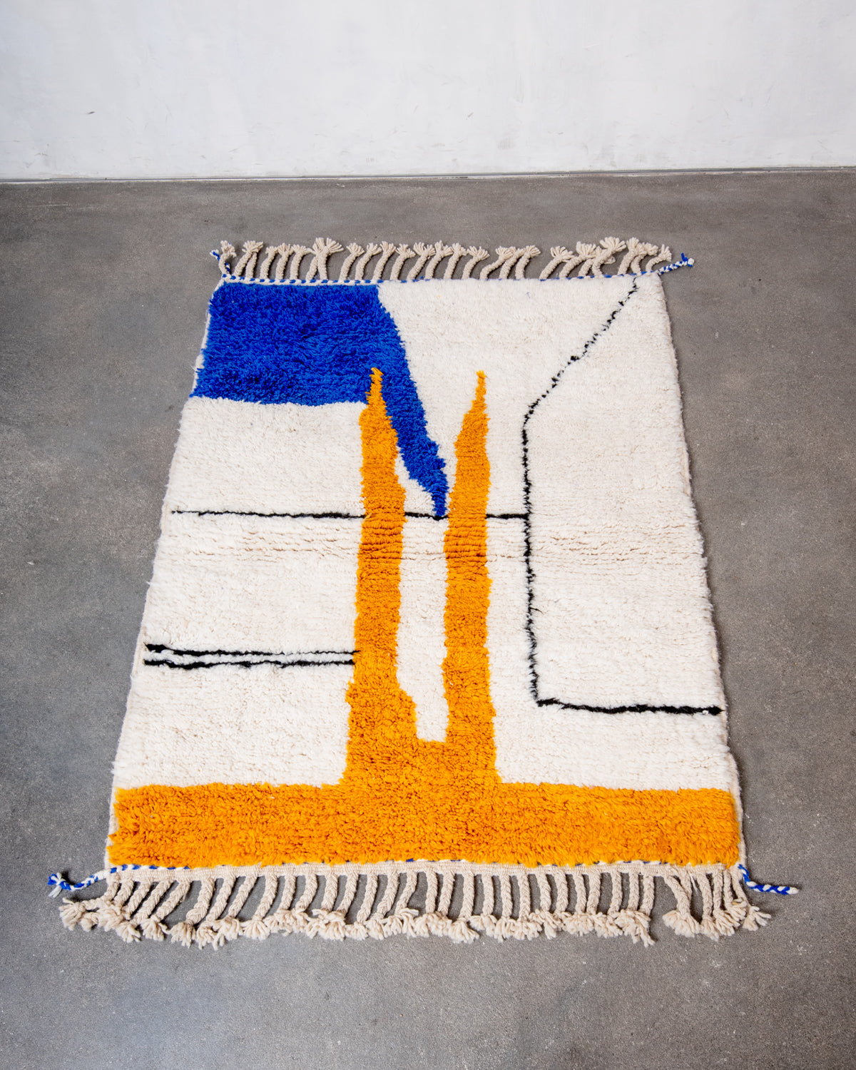 Modern, designer, handcrafted Berber rug from Morocco. Beniourain carpet with beautiful colours and patterns and fluffy wool texture.